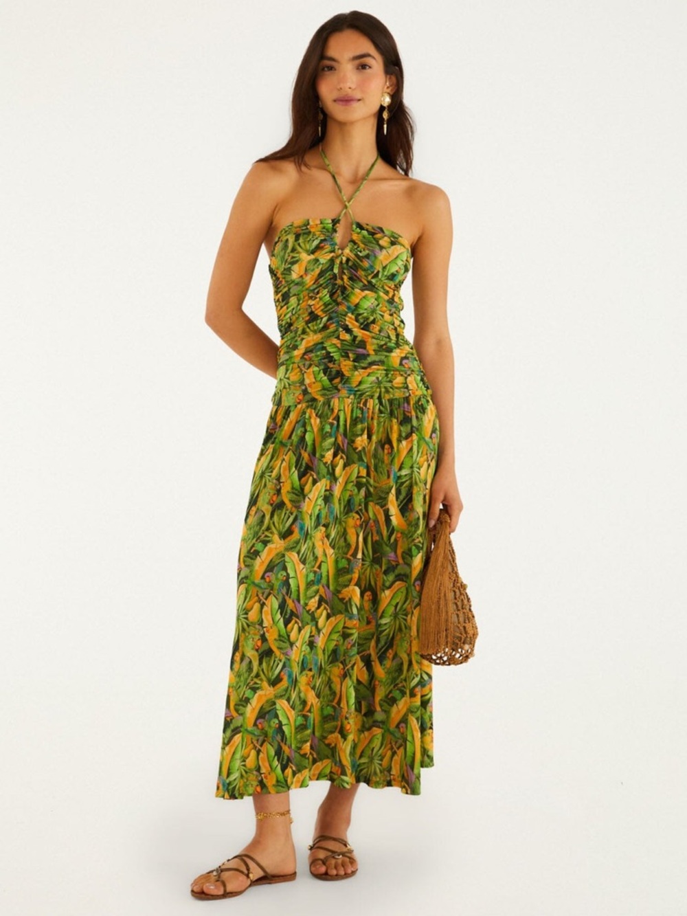 FARM Rio Strapless Tropical Midi Dress in Green and Yellow Print